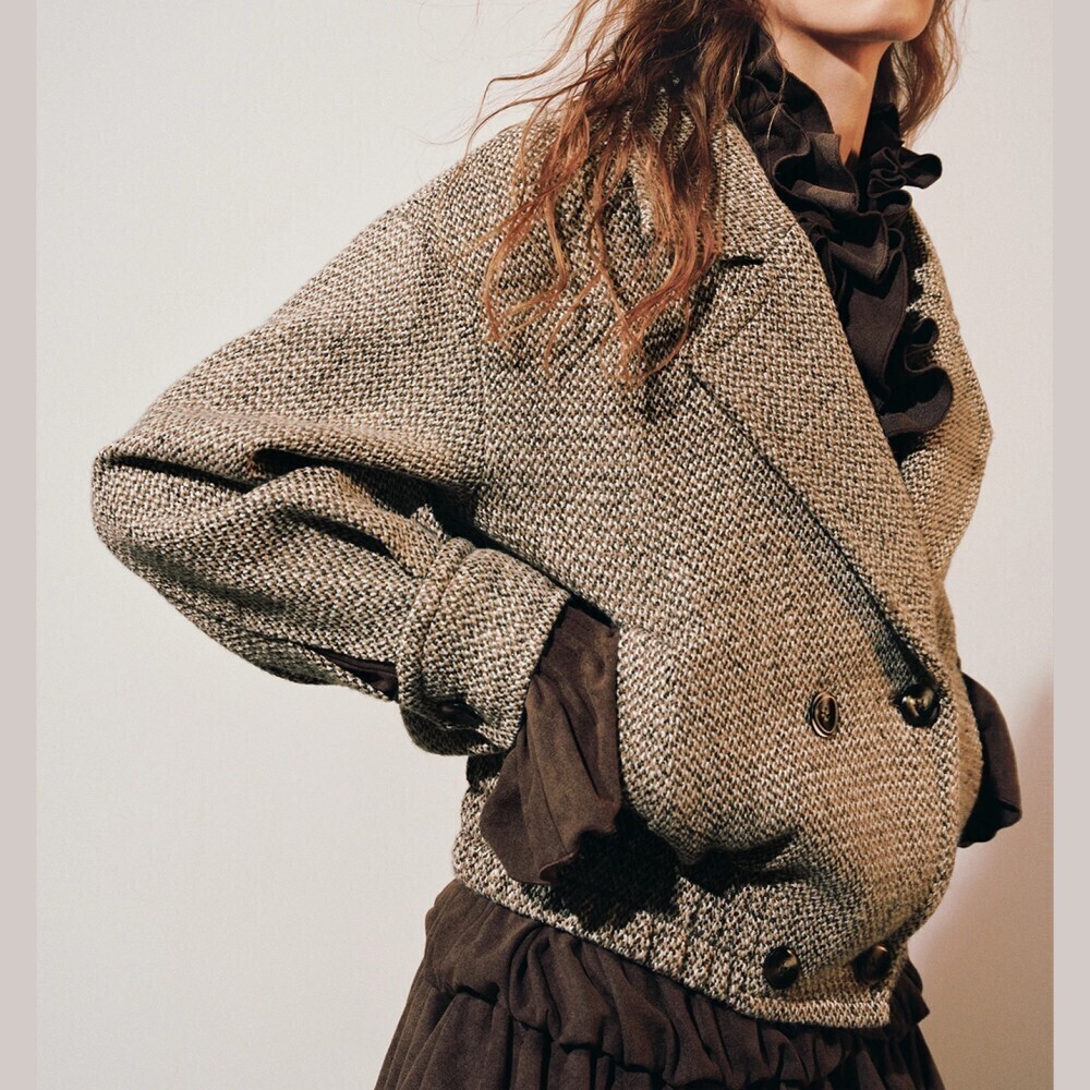Tan Tweed Double Breasted Oversized Cropped Blazer